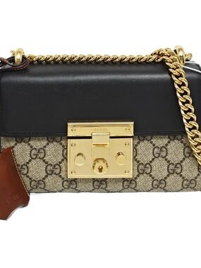 ♥️Gucci Black Leather & Beige GG Canvas Chain Crossbody with Gold Hardware♥️